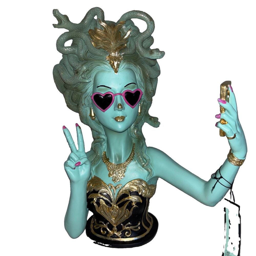 Ghoulish Medusa Selfie Bust Statue Goth Decor Heart Sunglasses Resin Sculpture